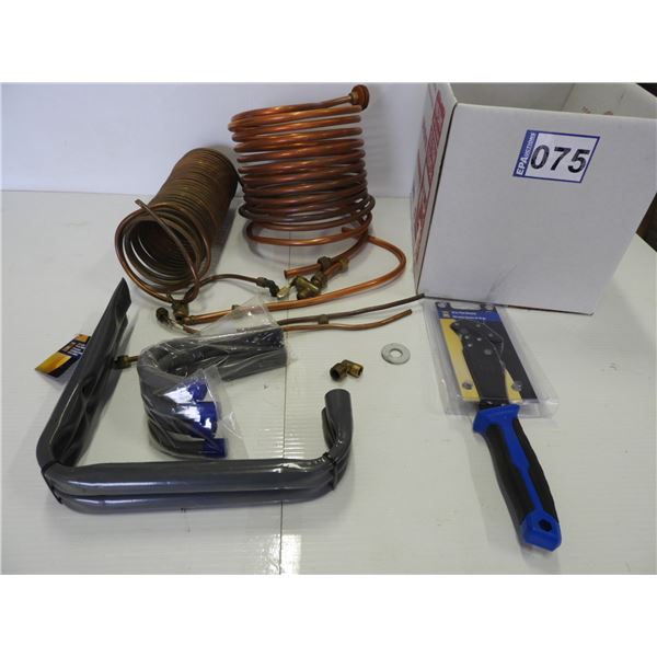 Copper tubing, storage hooks (2+4 pack)(unused), 10" pipe wrench (unused)