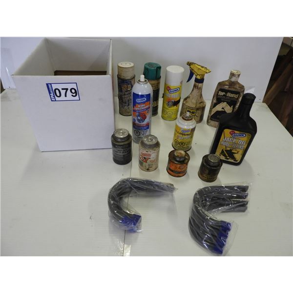 Jack oil(1/2), belt dressing(1/2), chain lube(1/4), carb cleaner(1/4), WD40(1/4), Spray bottle, hand