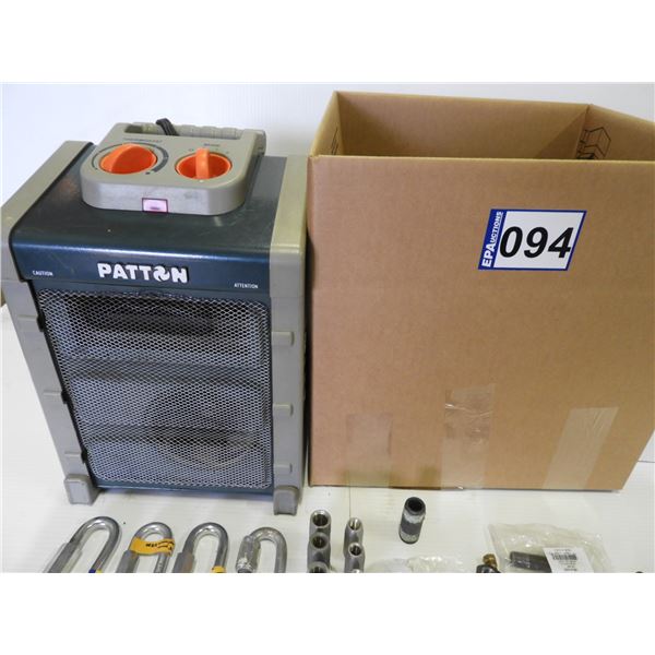 Patton space heater with thermostat control, (4) quick chain links, (6) cable rod connectors, assort