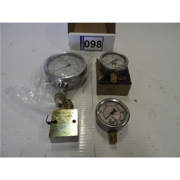 Pressure guages- 4" Dial 0-100 PSI-new, 2 1/2" Dial 0-3000 PSI- new, 2 1/2" 0-5000 PSI-new, Pressure