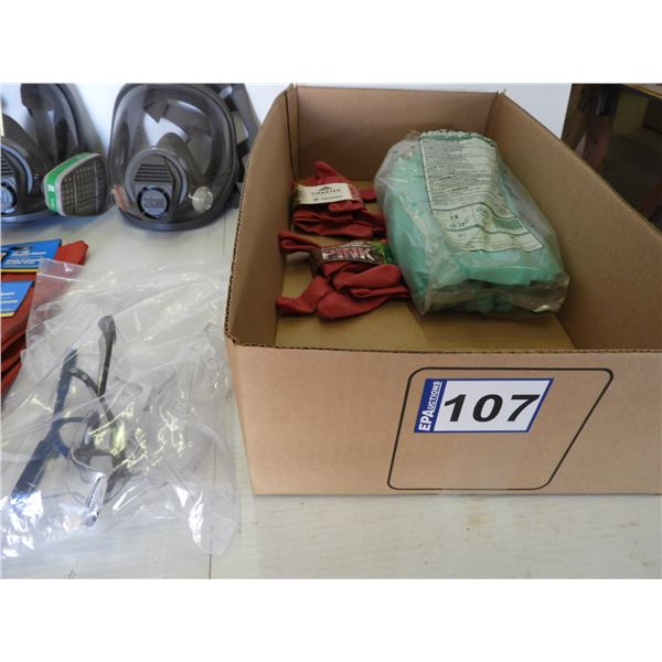(12) Green Nitirile gloves (new), (5) Safety glasses (new), (2) Pink rubber gloves, (2)  PVC gloves 