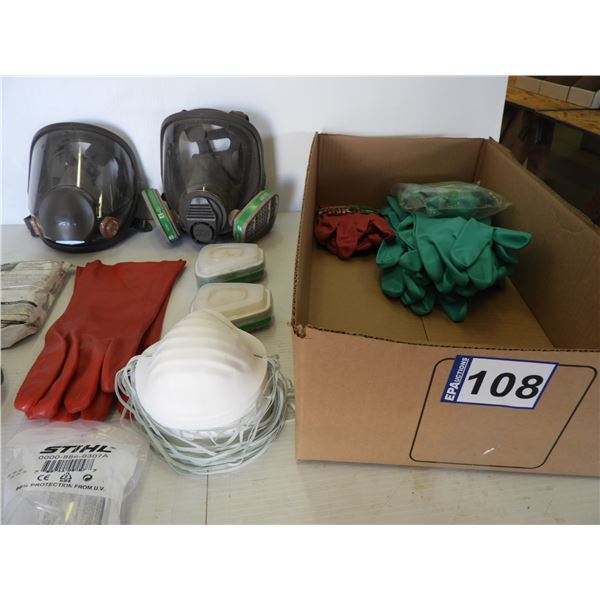 (7) pair green Nitrile gloves, (1) pink pair rubber gloves, (1) pair 14" PVC gloves, (1) safety glas