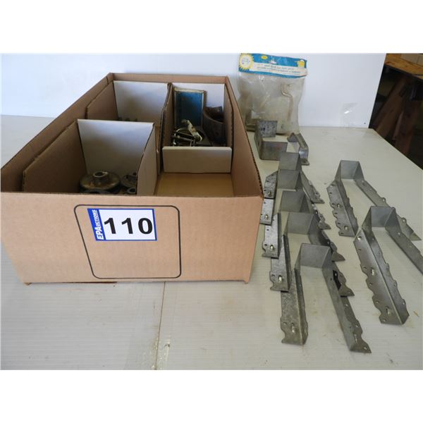 (5) Pulleys, door hardware - barn and gate, muffler clamps and hangers, (7) joist hangers