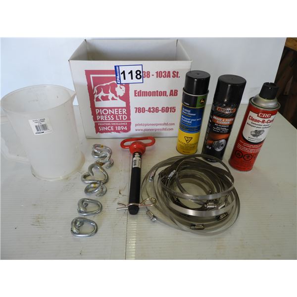 2.5L measuring jug, (6) chain connector links, glass cleaner, parts cleaner, carb cleaner, (1) new h