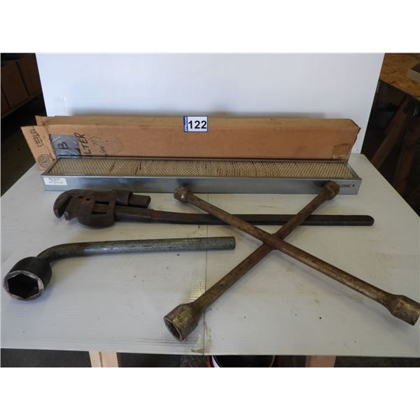Case 2390 cab filter- Baldwin PA-2411, pipe wrench-large, tire wrench 2", 4 star tire wrench 1 1/8"