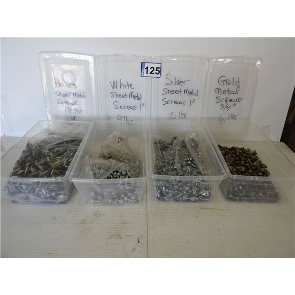 Brown sheet metal screws 18lb -1", white sheet metal screws 4Lb- 1", silver sheet metal screws 10lb-
