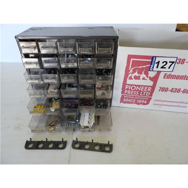 Wall mount parts bins full of screws and fuses