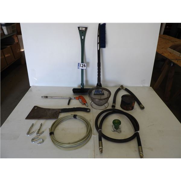 Parts washing wand, cleaver, (2) windshield scrapper brushes, clothes line, hydraulic hose, strainer