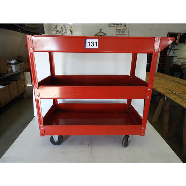 Red 3 shelf tool cart, (3) tool trays (cart is like new)