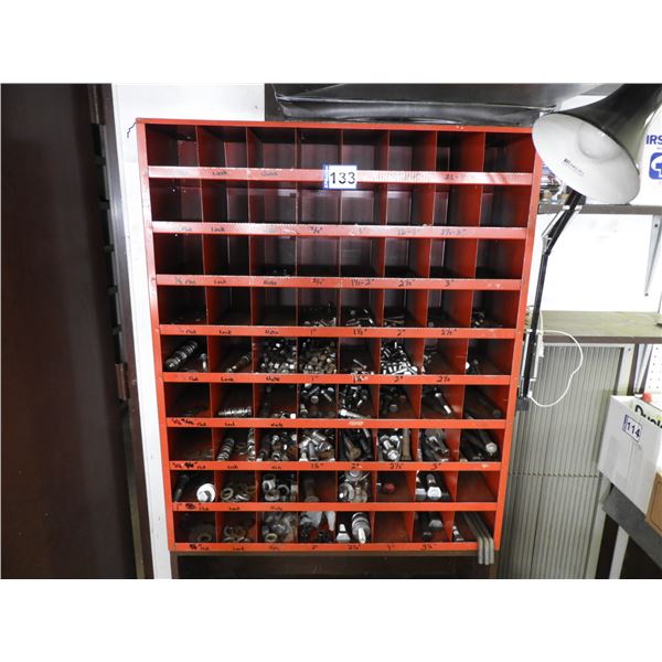 Bolt bin 8x9- 72 compartment - 35"x42"x12", base 35"x29"x12" over half full of assorted nuts and bol