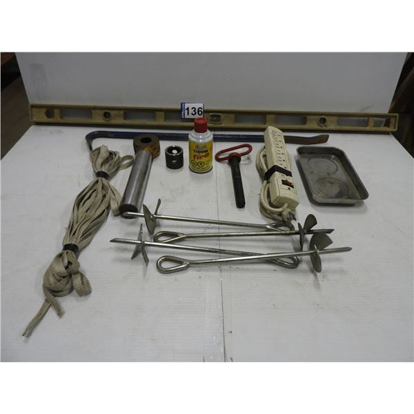 Experienced items 4ft level, pry bar, magnetic tray, hitch pin 7/8"x7", implement jack collar 2", hi