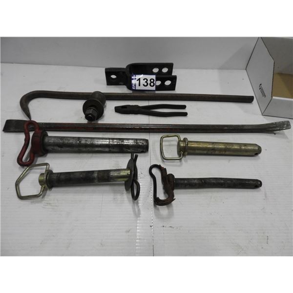 Experienced items- (2) pry bars 28" and 27", 1-7/8" hitch ball, pliers, hitch pin 1-1/8"x 7", hitch