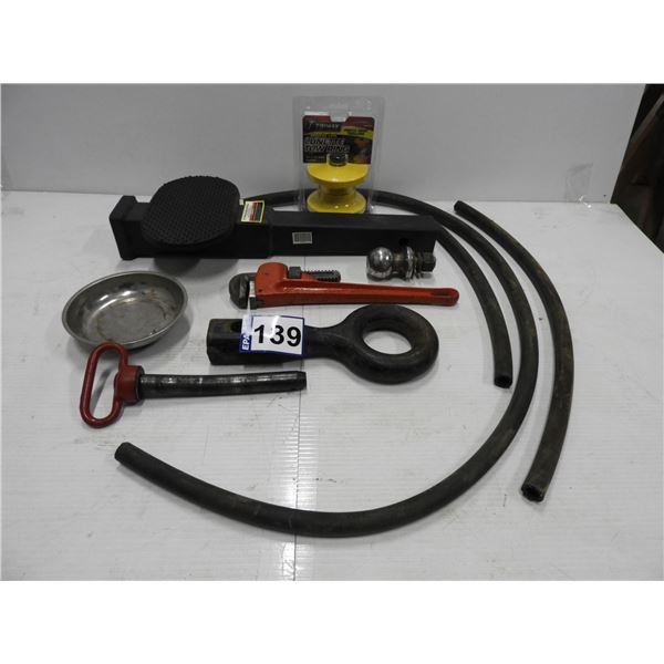 20" Hitch extender with step (unsed), Lunette, tow ring lock (unused), 14" pipe wrench, tow ring