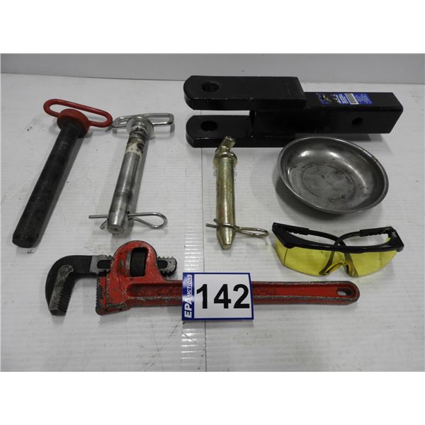 Clevis receiver (unused), hitch pin 1" x 8" (used once), 1" x 4-1/4" three point hitch pin (unused),