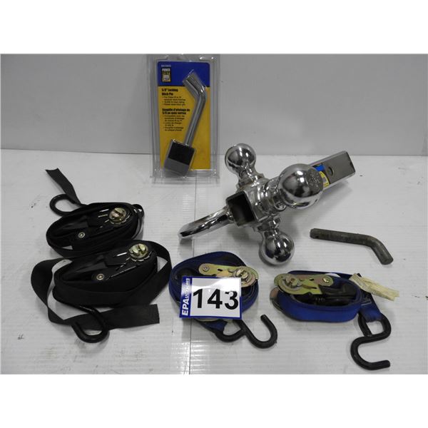 3 ball mount with hook and 2" receiver (unused), (4) ratchet straps, receiver pin, 5/8" locking pin 
