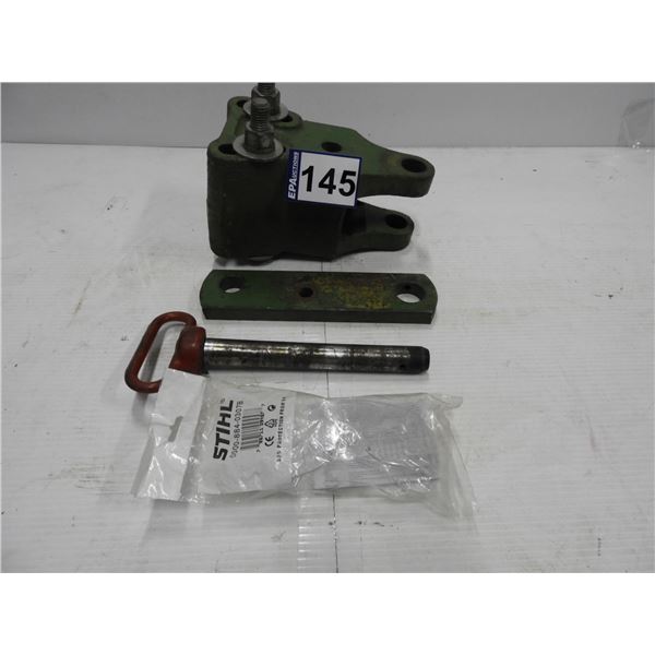 John Deer hitch, hitch pin 1" x 8", safety glasses