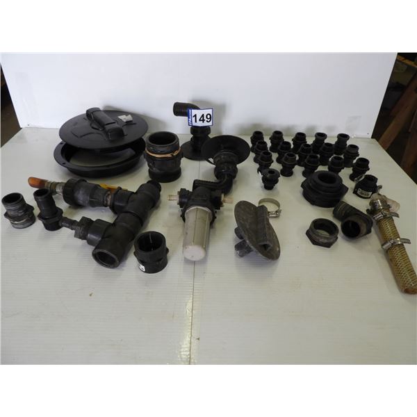 (32 pieces) 8" complete tank lid, bulkd head fittings, 1"-3" miscellaneus fittings, tank sump