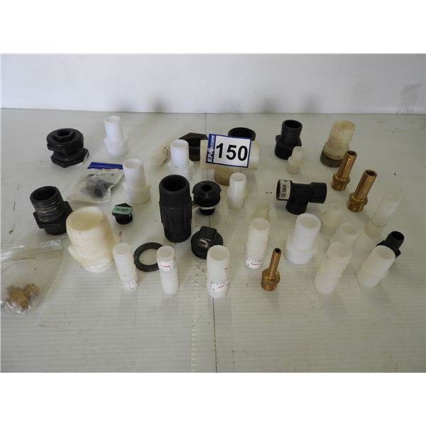 (38 pieces) 3/4"- 1-1/2" poly fittings, bulk head, brass fittings (90% unused, 10% used)