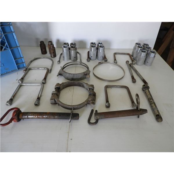 Various bolts and clamps (used), (2) hitch pins 1" x 9" and 1" x 7", drawbar pin 7/8" x 7", (14) sta