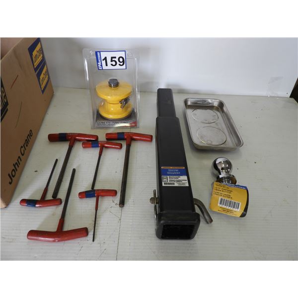 Lunette tow ring lock (unused), pintle lock (unused), Class two 14" x 2" hitch receiver extender- (u