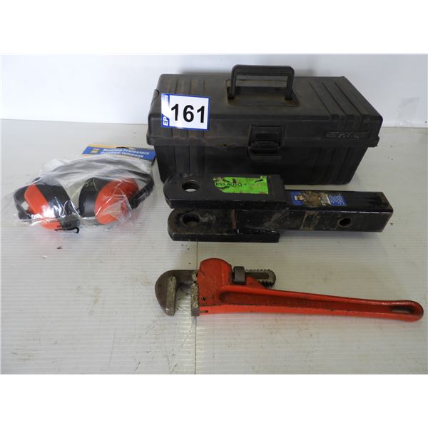 2" Clevis receiver hitch, 14" pipe wrench, hearing protection, plastic tool box 16"