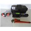 Image 1 : 2" Clevis receiver hitch, 14" pipe wrench, hearing protection, plastic tool box 16"