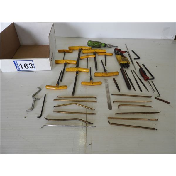 Assorted allen wrench sets, depth guage, brass billet, brass dental tools, mini files, multi screw d