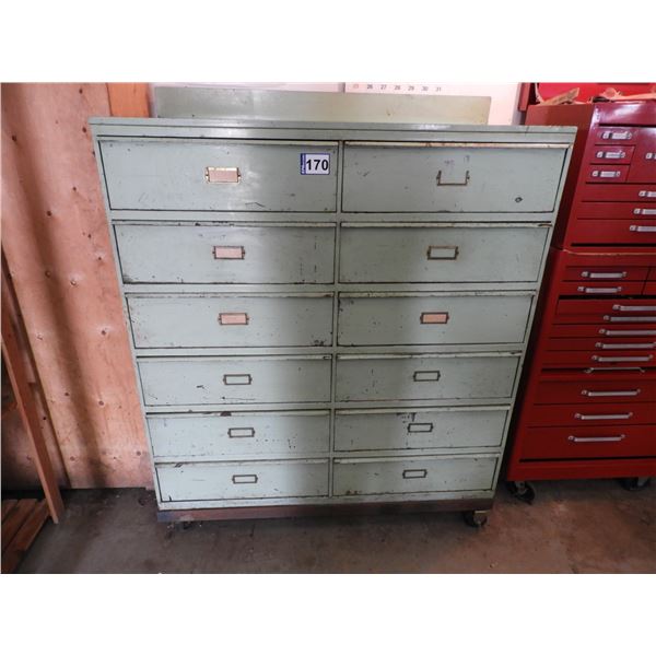 Metal parts cabinet (green) - heavy duty 12 drawer on castors 48"L x 25"W x 60"H, drawers 23"L x 24"