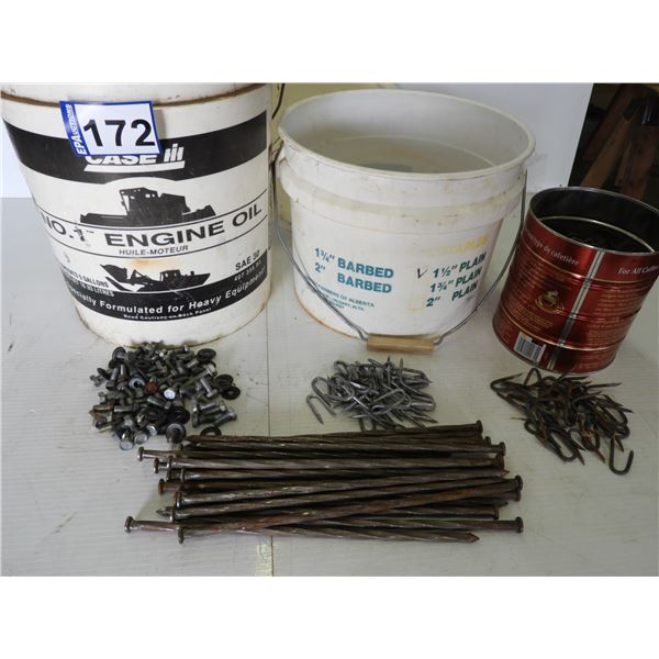 Assorted bin bolts (used and unused) 5/16" x 1" - 45 lbs, 1-1/2" fence staples 20lbs (unused), (21) 