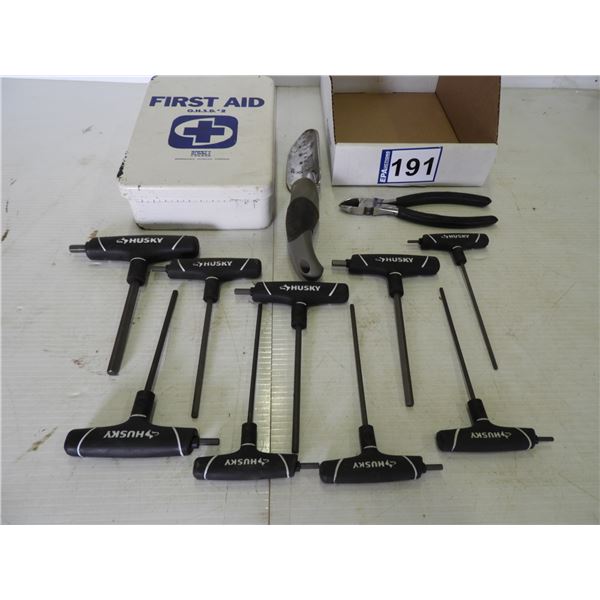 First aid kit (unused complete), garden shovel, side cutters, (9) Husky T-allen wrenches