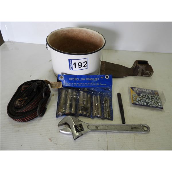 (12 piece set) Hollow punch set (complete),  (50 piece) 12" crescent wrench polymax, grease fitting,