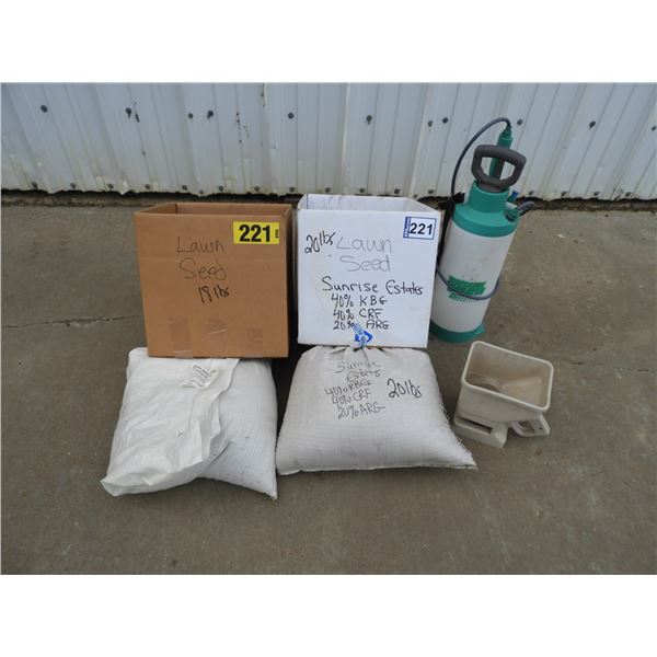 20 lb and 18lb lawn seed, hand held spreader, 2 gallon pressure sprayer(unused), 50lb PK fertilizer