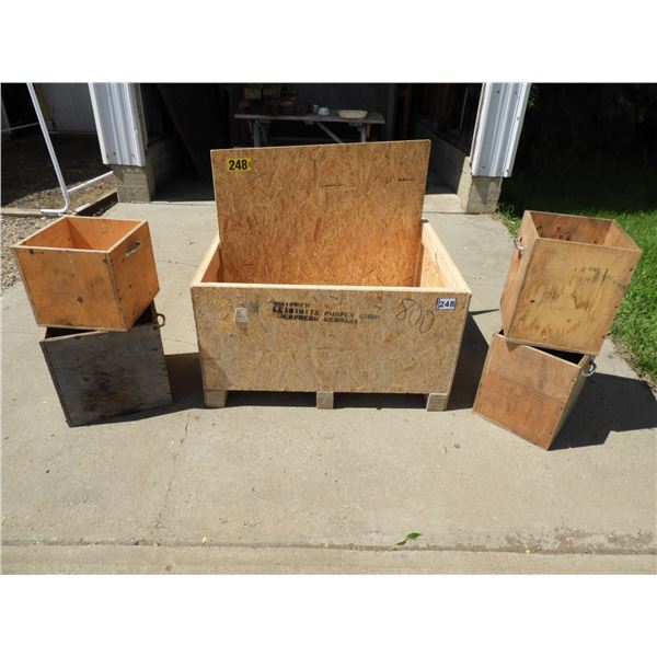 Storage boxes- (1) Large 42"x34"x24".  Small storage boxes with handles- (1) 16"x16"x16", (2) 13"x13