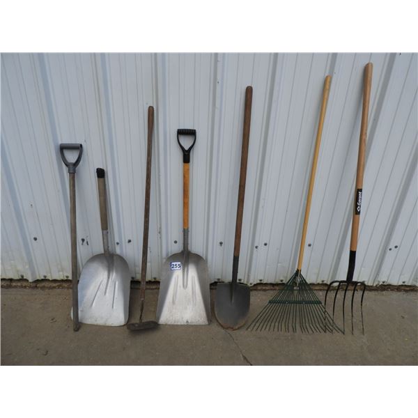 (1) Alluminum scoop shovel plus one extra handle, hoe, spade, leaf rake, fork