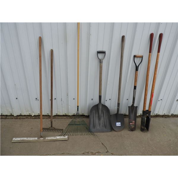 Poly scoop shovel, spade, narrow spade, leaf rake, old rake, floor sqeegee 30", hole scoop