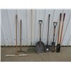 Image 1 : Poly scoop shovel, spade, narrow spade, leaf rake, old rake, floor sqeegee 30", hole scoop