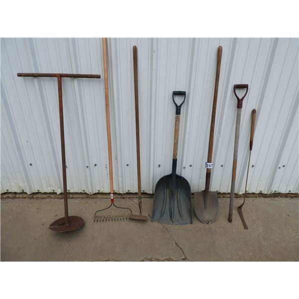 Spade, poly scoop shovel, hoe rake, extra handle, 11" hole scoop, weed wacker