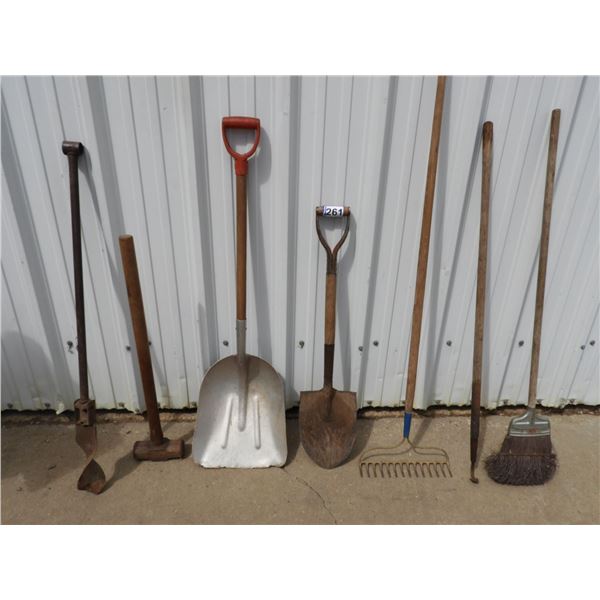 Spade, rake, alluminum shovel, nylon broom, 12 lb sledge hammer, 4" auger, narrow hoe