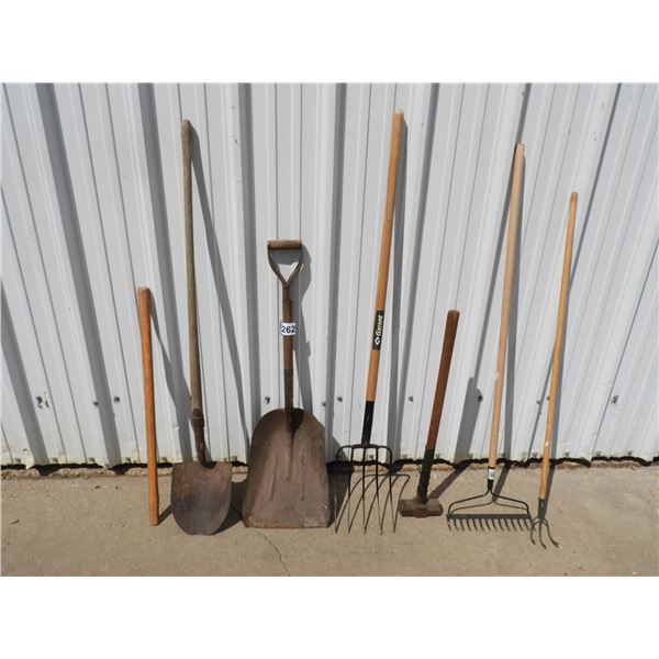 Steel scoop shovel, spade, pitch fork, 8 lb sledge hammer, extra handle, new rake, how