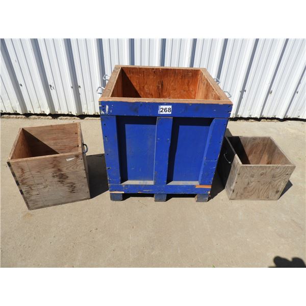 (3) Wood heavy duty storage boxes with handles, (1) Blue box 28"x28"x28",  (1) box 16"x16"x16" , (1)