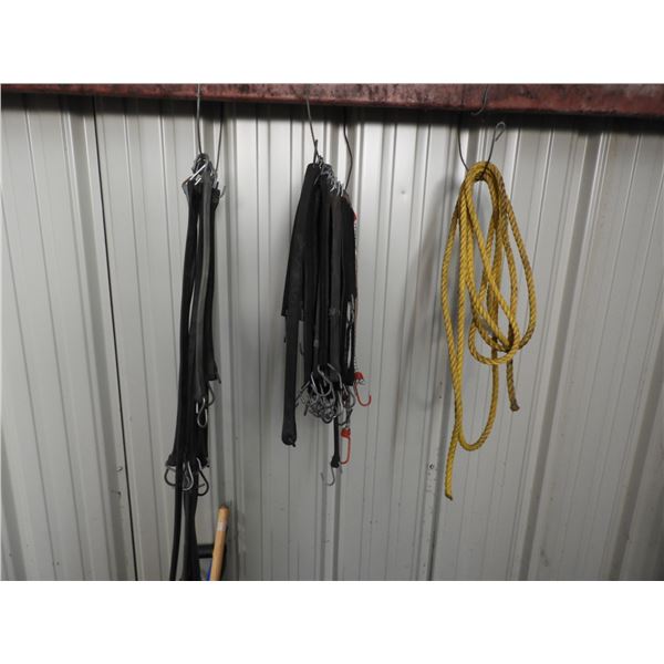 (13) assorted long tarp straps - all like new, 18 feet yellow rope