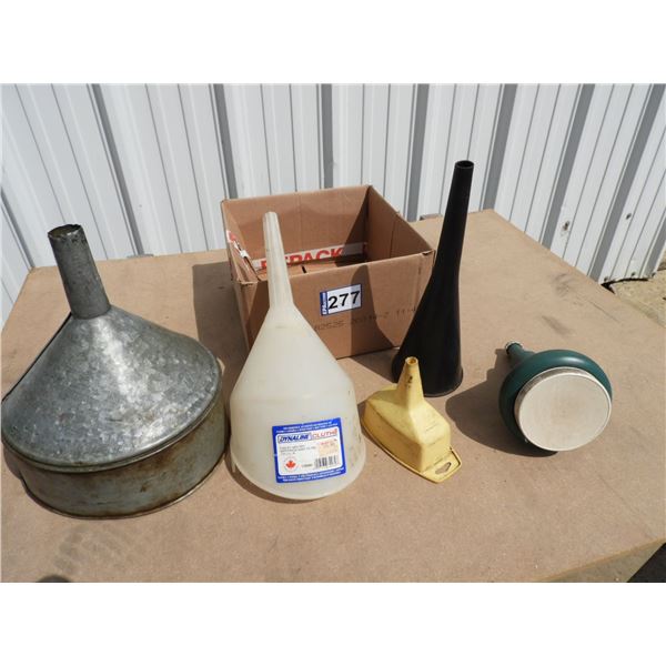 (5) assorted funnels, 11" Silver funnel