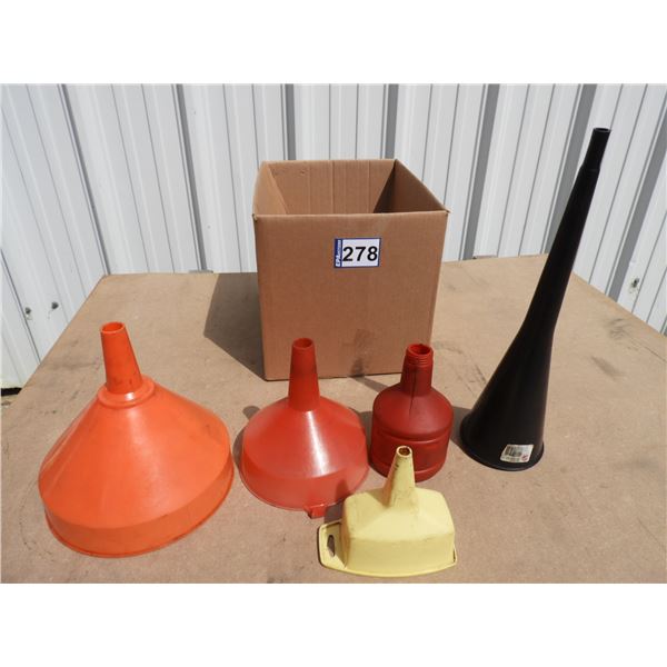 (5) assorted funnels, - orange funnel is 10", medium funnel is 8"