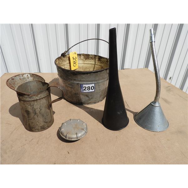 Galvanized metal pail, galvanized oil can. Tidy tank vent cap, (2) funnels