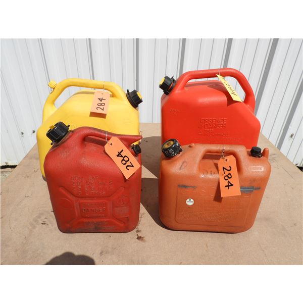 20L Yellow Diesel Jerry can with vent,  25L red gas Jerry can- like new, (2)10L red gas Jerry cans