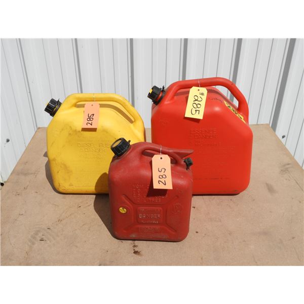 20L Yellow Diesel Jerry can, 25L red gas Jerry can, 10L red gas Jerry can