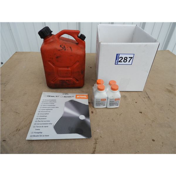 Stihl grass cutting blade 9.1" (new), 1 gallon red gas jerry can, (4) 50-1 two stroke engine oil