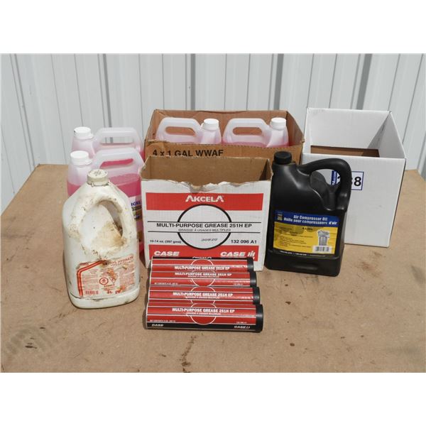 Air compressor oil 3L, Methyl hydrate 1.5L, (4) RV plumbing antifreeze, Case Akcela multi-purpose gr