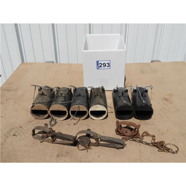 (3) metal gopher and mole traps, black hole gopher traps (2 new + 4 used)