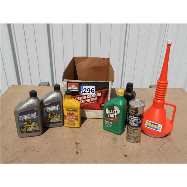 (2) 1L 10W40 new/full, 1L SAE30 full, Restore lubricant 561ml -full, Engine treatment, new 17" funne